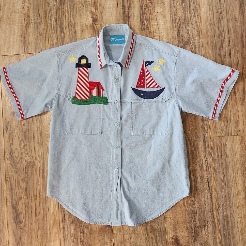 Vintage 90s Nautical Embroidered Chambray Cotton Button Up Shirt